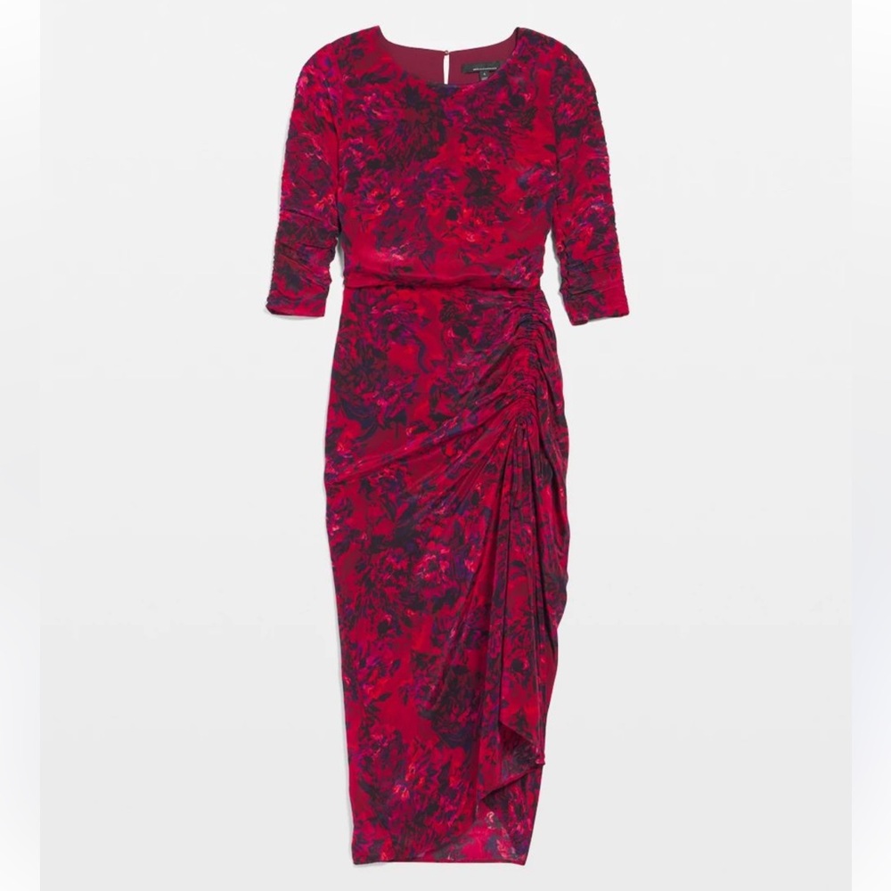 NEW $180 WHBM Ruched Red and navy Floral Dress size 4